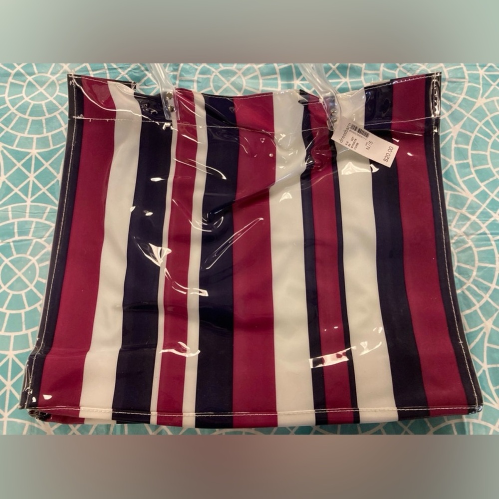 Dressbarn plastic-lined purple, navy, and white striped tote bag